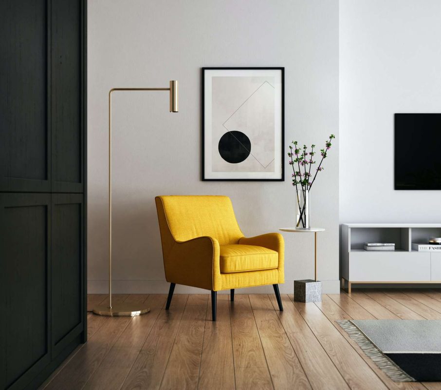 Modern living room with yellow chair