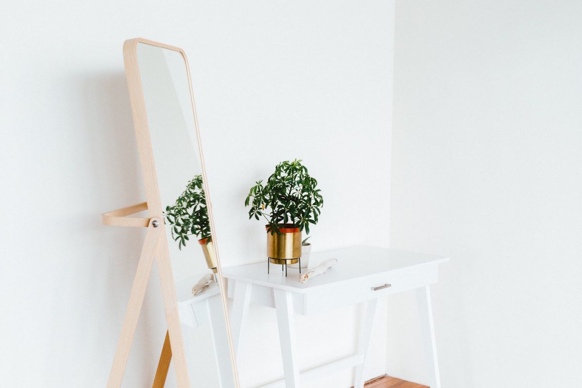 standing mirror next to a table with a plant