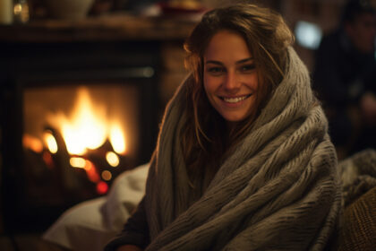 femme qui se réchauffe devant un feu de bois