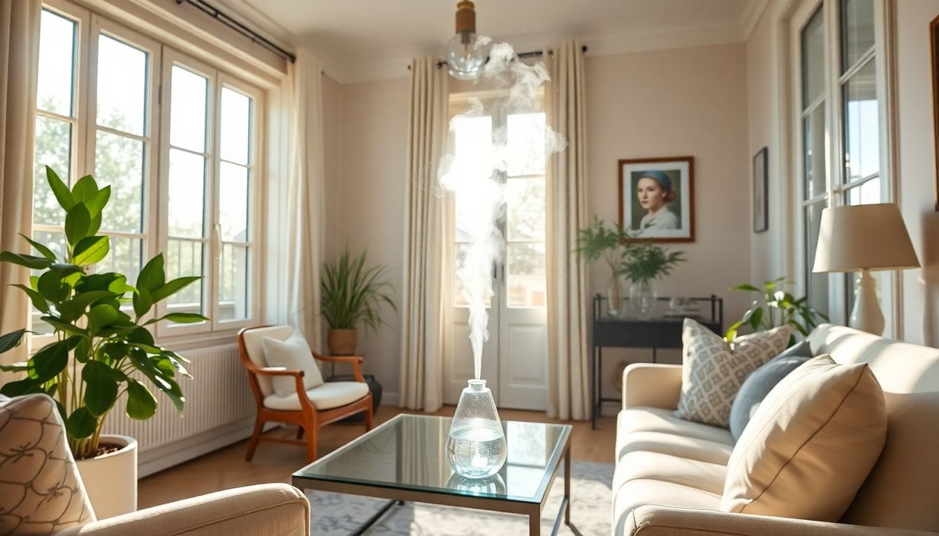 Mélange d’huiles essentielles à diffuser pour un effet rafraîchissant en cas de forte chaleur.