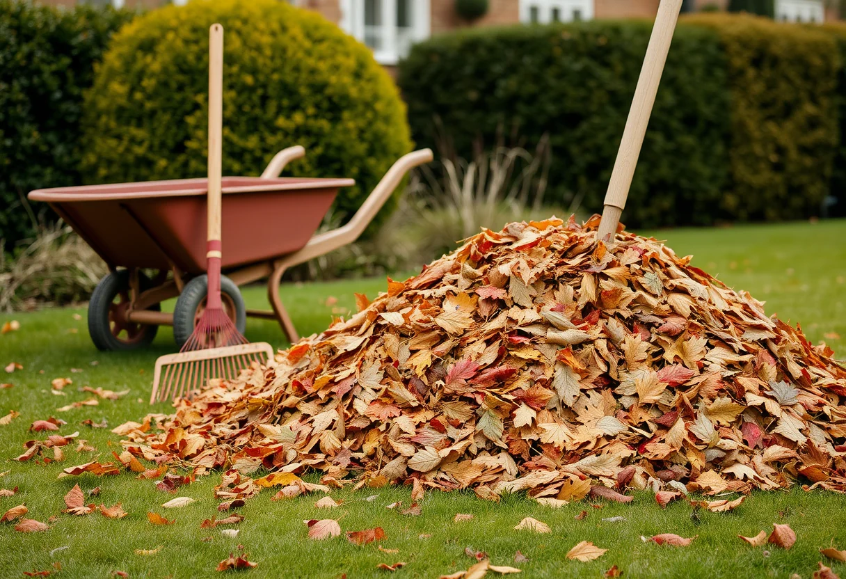 Feuilles mortes ratissées en tas sur une pelouse, à côté d'un râteau en bois et d'une brouette
