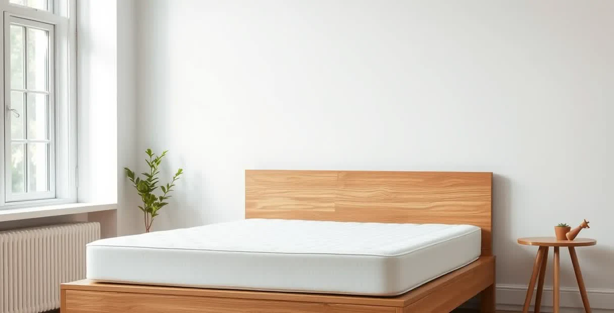 Matelas neuf posé à plat sur un sommier à lattes dans une chambre claire