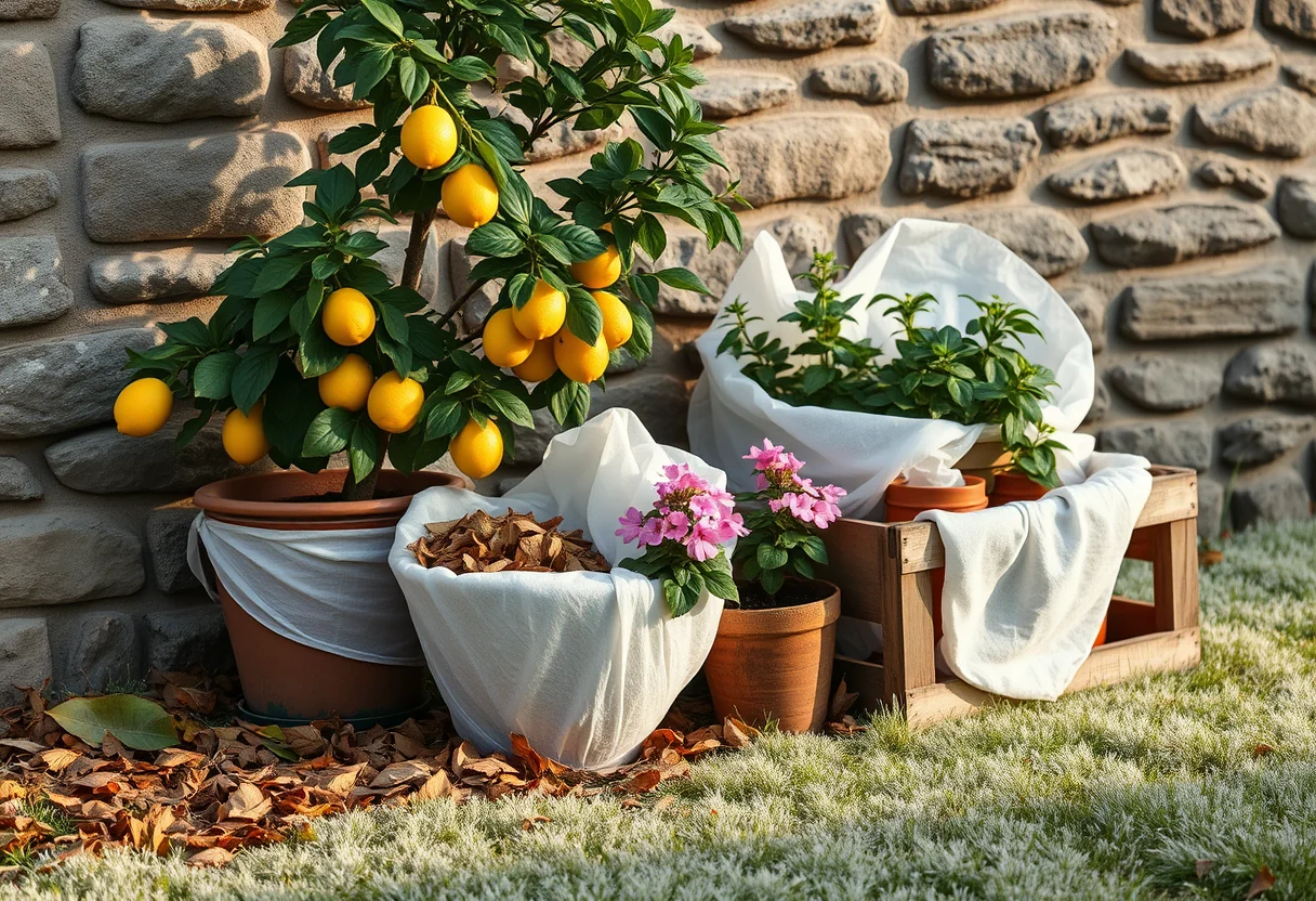 Citronnier et géraniums en pot protégés par un voile d'hivernage le long d'un mur de pierre